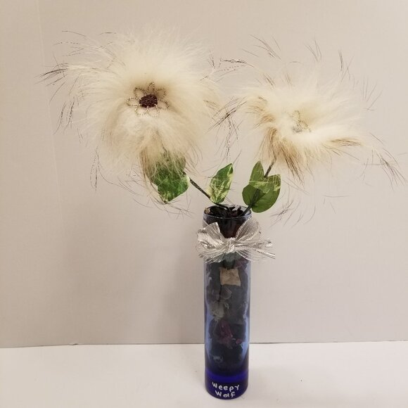 Alaska Native Art Craft 2 Beaded Wolf Fur Flowers "Weepy Wolf" Arrangement